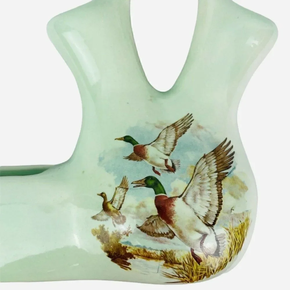 RARE VTG Green Double Opening Spout Bud Vase Planter Geese Mallard Duck Signed
